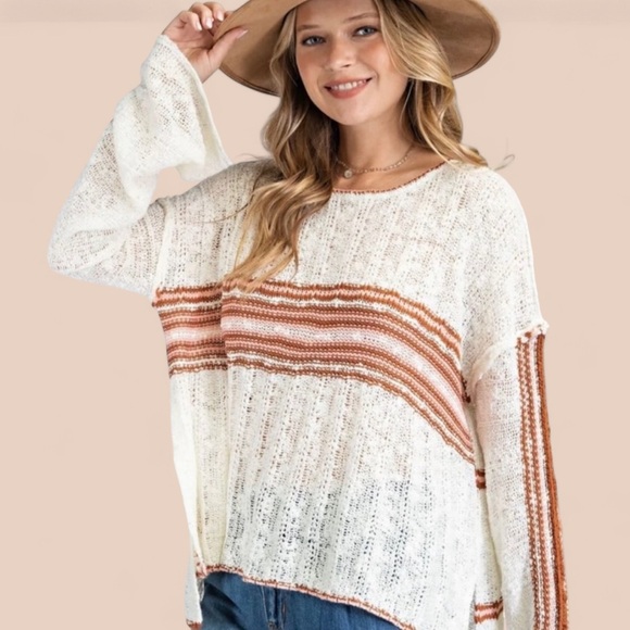 EASEL Cream Burgundy Striped Knit Pullover Sweater - Picture 7 of 7